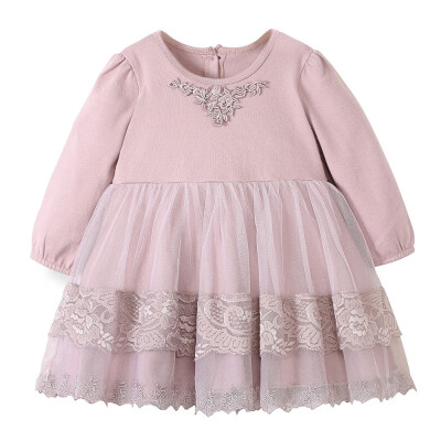 

Children Spring Autumn Girls Cute Solid Color Mesh Stitching Round Collar Princess Long-Sleeved Sweet Dress