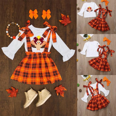 

Kid Baby Boy Girl Cotton Tops Romper Plaid Skirt Thanksgiving Outfits Set