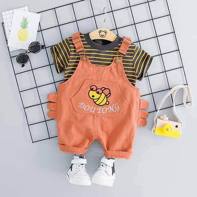 

Children Summer Unisex Boys Girls Clothing Set Stirped Printed Long Sleeve T-shirt Round Collar Casual TopsBib Pants