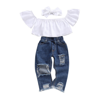 

Summer Girl Clothes Set White Off-Shoulder Top Shredded Jeans Girl Clothes Fashion Out Out Kids Clothes Set