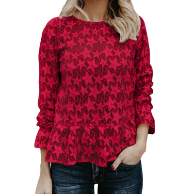 

Womens Hollow Out Long-Sleeved Blouse Fashion Sexy Solid Color Lace Pullover Shirt