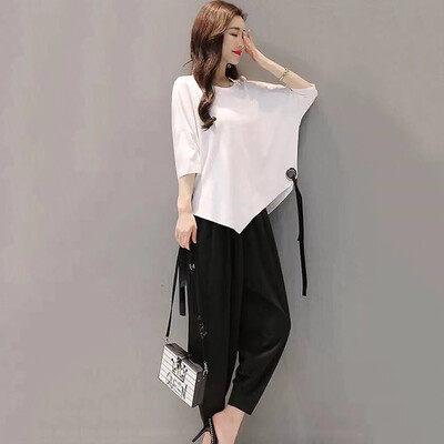 

New Fashion Summer Solid Color T-shirt Hip Hop Loose Pants Two Piece Leisure Pants Suit