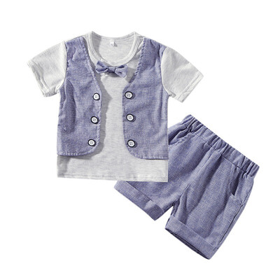 

Kids Boy Clothes Summer T-shirt Short Sleeve Fake 2 Piece Tops Blouse ShirtShorts Casual Outfits Sets