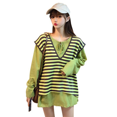 

Autumn Fashion Women Set Loose Round Collar Casual Solid Color Long Sleeve Casual Simple Wild SweaterStripes Print Vest