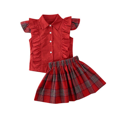 

Toddler Baby Girls Christmas Clothes Ruffle Tops T-ShirtChecks Skirt Outfits