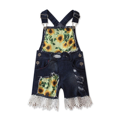 

Infant Fashion Sunflower Jeans Overalls Baby Short Trousers Kids Suspenders Denim Pants 1-5T Children Outwear Girls Pants