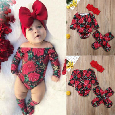 

Newborn Kid Baby Girl Floral Clothes Off Shoulder RomperSocks 3PCS Outfits Set