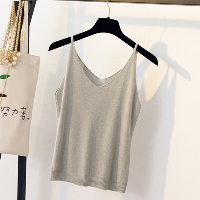 

Women Casual Sleeveless Solid Color Tank Tops Simple Sexy V-Neck Spaghetti Strap Slim Tops Female Thin Camisole Top 9 Colors