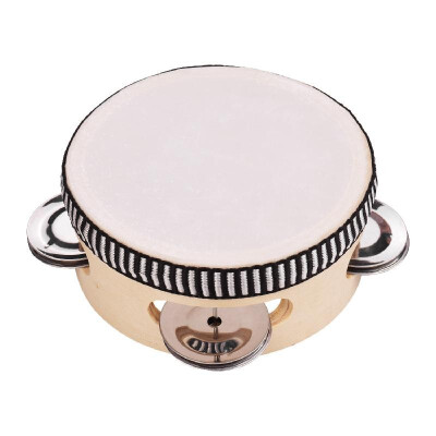 

4 Inch Wooden Hand Tambourine with Metal Single Row Jingles Polyester Drum Skin Tambourines Entertainment Musical Timbrel for Adul