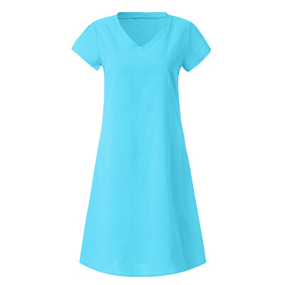 

Solid Cotton And Linen Women Dress Casual Short Sleeve O-neck Summer A-Line Loose Dress