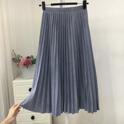 

Autumn Winter 2019 Women Pleated Skirt Elastic High Waist Long Skirts Casual Vintage A-line Suede Party Skirt Ladies Black Pink