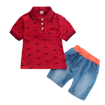 

Hot baby boy clothes children cute cartoon pony print lapel short sleeve shorts suit for 0-4 years old