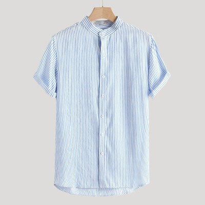 

Toponeto Mens Stand Collar Stripe Summer Short Sleeve Loose Buttons Casual Shirt Blouse