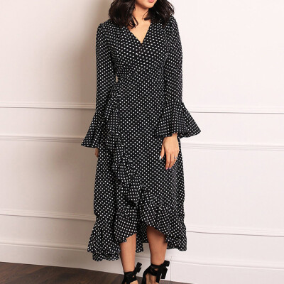 

Tailored Women Fashion V-Neck Ruffles Point Print Bandage Hight Waist Long Sleeve Dress