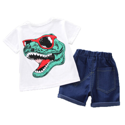 

Summer Kids Boys Short Sleeve Cartoon Dinosaur Print Tops Blouse T-shirtDenim Shorts Children Casual Outfits Sets