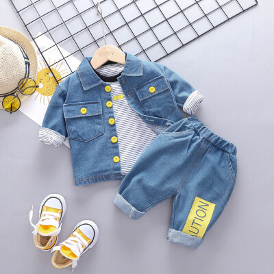 

New Top Pants Coat 3pcs Childrens Set Cute Toddler Boy Clothes Fashion Cotton Striped Denim Boy Set 0-4T Baby Boy Clothes