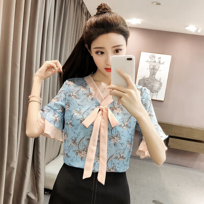 

Korean Style Womens Blouses Loose Flare Sleeve Chiffon Shirt Fashion Sweet Floral Print Tops blusa feminina