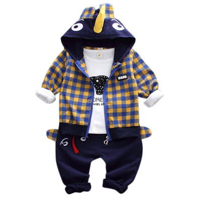 

2019 New Autumn Baby Boys Blouse Pants Sets Long Sleeve Letter Print TopsPlaid Hooded CoatPants Trouser Costume Set