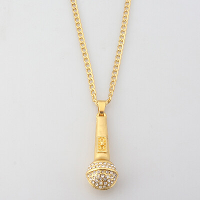 

Chain Necklace Microphone Pendant MenWomen Stainless Steel Gold Color Rhinestone Best Friend Jewelry Hip Hop