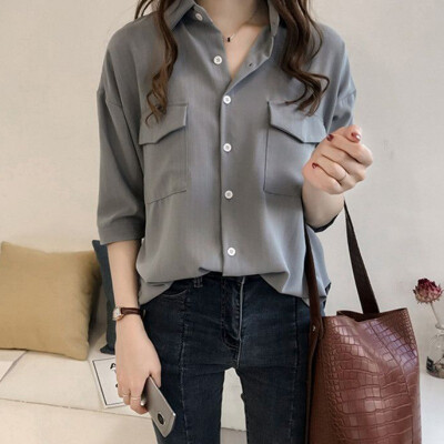 

2019 Autumn Striped Shirts Women Blouses Casual Long Sleeve Pocket Female Blouse Tops