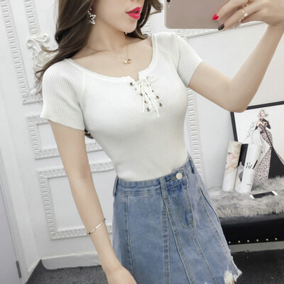 

Summer sweetly solid short sleeved knitted t shirt  women slim tops dropshipping
