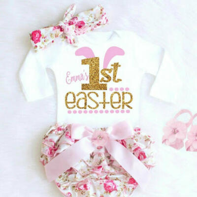 

US Sweet Toddler Baby Girls Kid My First Easter Short Sleeve Romper Flower Pants