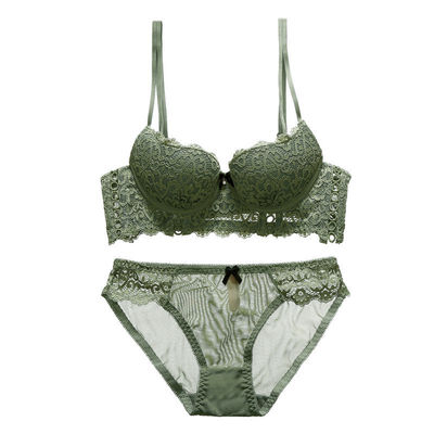 

Women Bra Sexy Lingerie Solid Color Lace Bow Openwork Flanking Gathering Half Cup Bra Panties Set