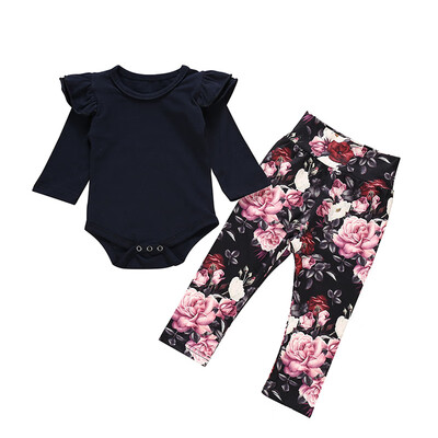 

New Autumn Baby Girl Casual Long Sleeve Cotton Romper Tops Floral Print Pants Outfits Set