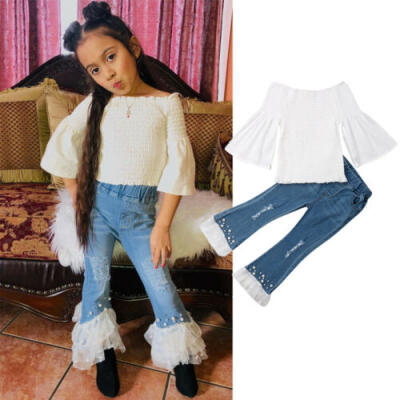 

2PCS Sweet Kids Baby Girls Off Shoulder Shirt Pearl Jeans Pants Outfits Clothes