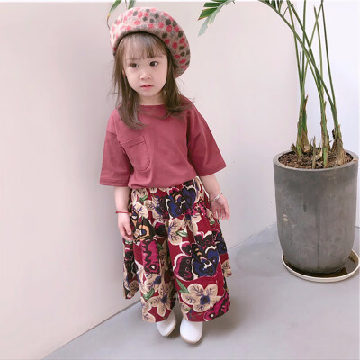 

Baby Girls Casual Summer Short Sleeve Cotton Clothes Printed Tops Print Wide-leg Pants Set cartoon pattern pants