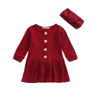 

Girls Dress With Hairband Long Sleeve Kids Dress For Girls Clothes Cotton Solid Color For Kids 1-5 Years Old