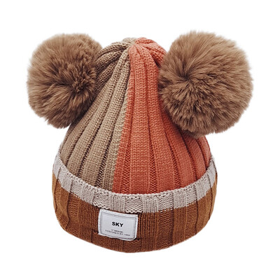 

Newborn Cute Winter Warm Kids Baby Ball Design Hats Patchwork Knitted Wool Hemming Caps