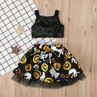 

Baby Girls Birthday Outfits Sets Halloween Party Dress Cosplay Clothing Sleeveless Sequin Vest TopsPumpkin Pattern Skirt Set