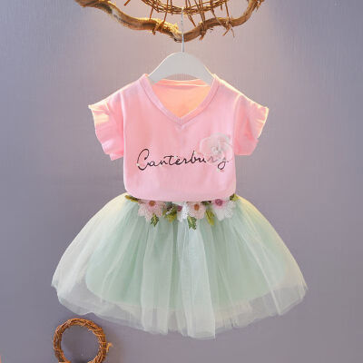 

Children Girls Tutu Skirt Casual Summer Letter Short Sleeve T-shirtFloral Pompom Skirts Suits 2Pcs Costume Set Kids Clothes