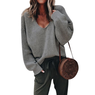 

Women Casual Knitted V-Neck Loose Sweater Long Sleeve Pullovers Solid Color 2019 New Autumn Winter Fashion Womens Warm Tops