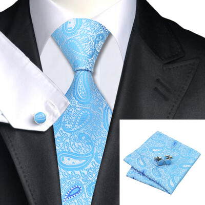 

N-0349 Vogue Men Silk Tie Set Blue Paisley Necktie Handkerchief Cufflinks Set Ties For Men Formal Wedding Business wholesale