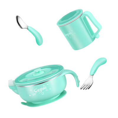

Shus SNUG childrens tableware lunch box fork spoon cup stainless steel combination baby shatter-resistant suction cup bowl complementary food bowl set baby water insulation bowl mint blue S1101A