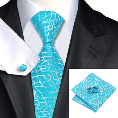 

N-1038 Vogue Men Silk Tie Set Blue Novelty Necktie Handkerchief Cufflinks Set Ties For Men Formal Wedding Business wholesale