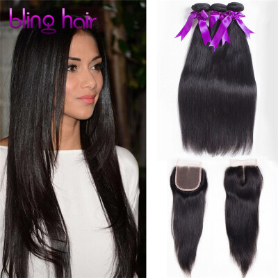 

Bling Hair Brazilian Virgin Hair Straight Hair 3 Bundles with Closure 7A Grade 100% Unprocessed Human Hair Weave