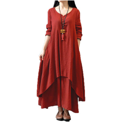 

Autumn Women Casual Loose Dress Solid Long Sleeve Cotton Linen Boho Maxi V-Neck Dress Plus Size