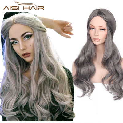 

AISI HAIR Synthetic Long Grey Black Wavy Cosplay Wigs For Women Festival With Heat Resistant