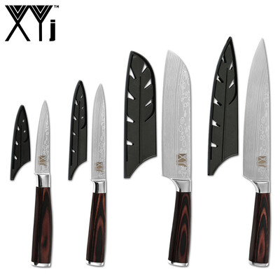 

XYj 4pcs Kitchen Cooking Knives Damascus Pattern Blade Free Covers Kitchen Tools Chef Knives