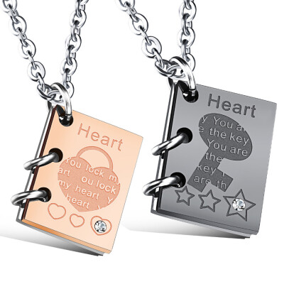 

Romantic "Love Story" Pendant Couple Necklace Inlaid Cubic Zirconia Lock & Key Chain Titanium Stainless Lovers Jewelry