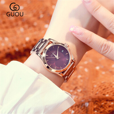 

GUOU Women Calendar Quartz Watches Rose Gold Full Steel Business Watch Ladies Casual Wristwatches Gift