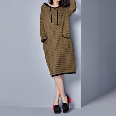 

City plus CITYPLUS 2017 Winter new style women's clothing wild hooded stitching dress V-neck long sleeve knit dress CWQZ179756 khaki all code