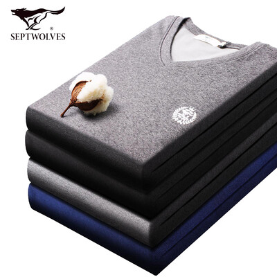 

Seven wolves thermal underwear men plus velvet thick set invisible V-neck mens autumn&winter velvet Qiuyi Qiuku set 99295 light gray