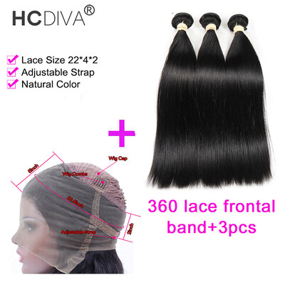 

HCDIVA Pre Plucked 360 Lace Frontal with Bundle Brazilian Virgin Hair Straight 3 Bundle&Frontal Closure With Baby Hair