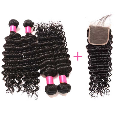 

BHF Hair 8A Virgin Deep Wave Hair With Silk Base Closure Virgin Brazilian Hair Weave Bundles With Closure Three Part