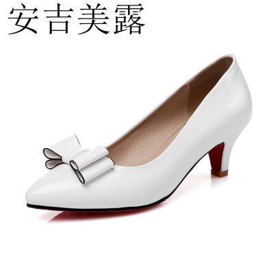 

安吉美露2017春季新款浅口蝴蝶结中跟牛筋底单鞋女大小码黑色白色酒店职业工作鞋31-43
