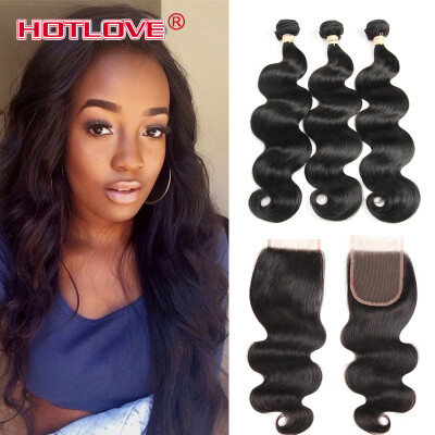 

Brazilian Body Wave 3 Bundles With Lace Closure 4*4 Free Middle Three Part Natural Color 100% Unprocessed Human Hair Extensions